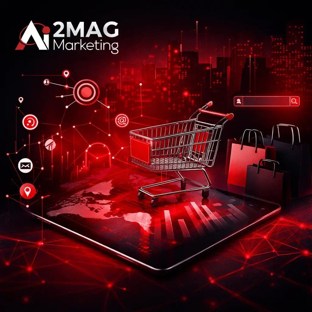 Interface marketing digital montrant e-commerce, analyse de données, réseaux sociaux et gestion omnicanale pour la distribution