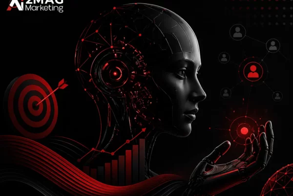 Infographie illustrant l’utilisation de l’intelligence artificielle dans le marketing digital au Maroc : chatbots, génération de contenu, publicités dynamiques et stratégies optimisées avec 2MAG et AI 2MAG