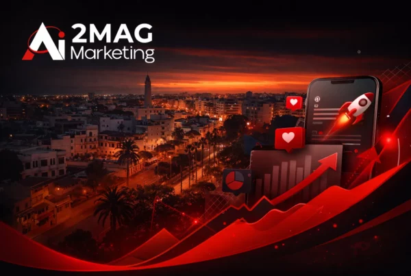 Infographie présentant les services d’une agence de communication digitale à Kénitra : SEO, publicité en ligne, branding, marketing digital, réseaux sociaux, développement web et influence marketing avec 2MAG