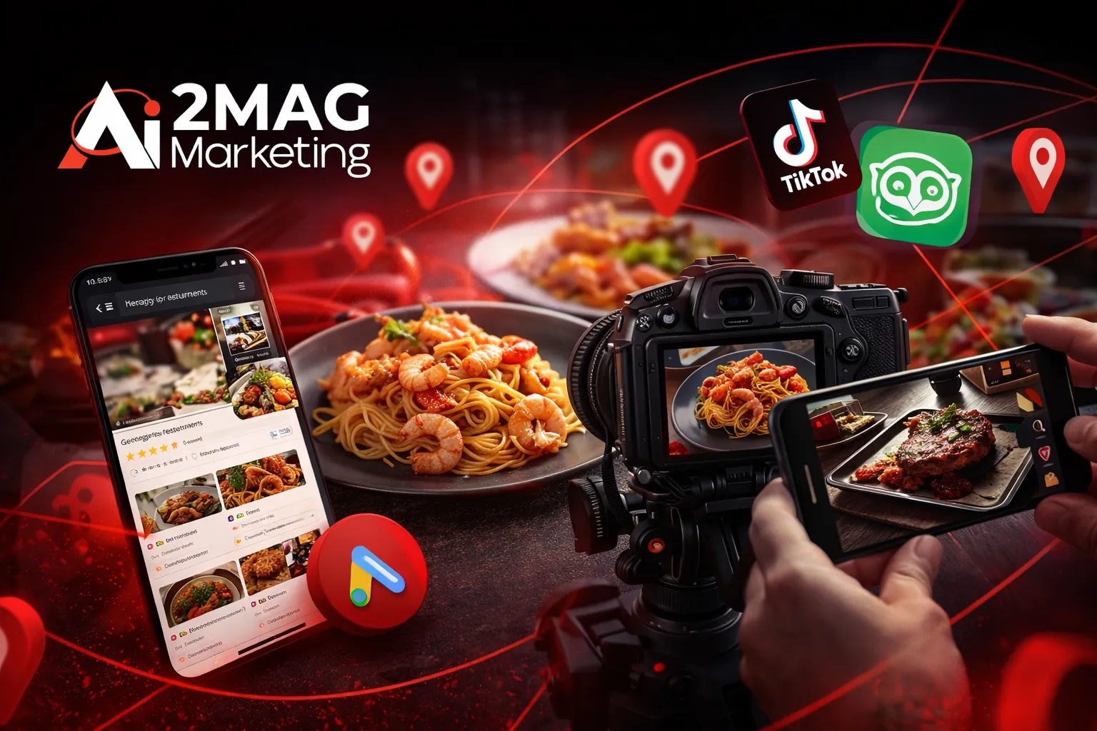 Infographie illustrant une stratégie digitale pour restaurant : SEO local, Google Business, réseaux sociaux, avis clients, publicité et contenu visuel pour attirer des clients