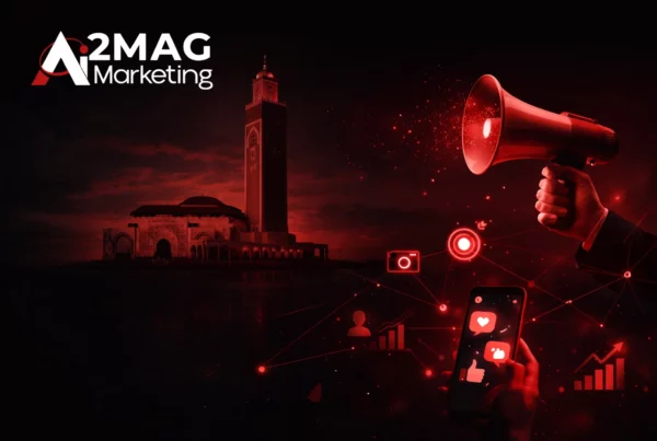 Infographie présentant les services d’une agence de marketing digital à Casablanca : SEO, Google Ads, Meta Ads, social media, email marketing et création de site web