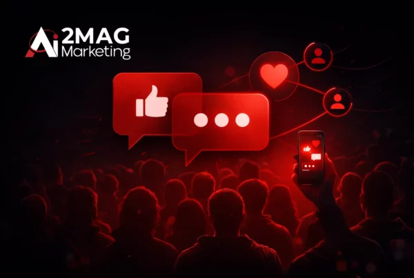 Illustration du marketing digital centré sur le consommateur connecté avec expérience client personnalisée, email marketing et analyse de données pour améliorer l’engagement et la fidélité