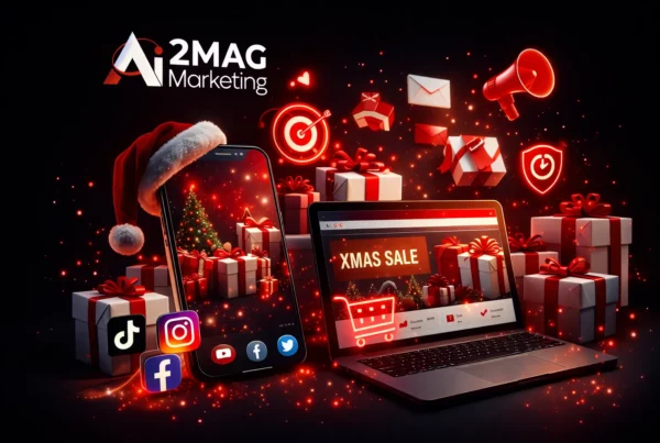 Ambiance de Noël avec ordinateur affichant un site e-commerce, cadeaux, promotions et éléments marketing digital.