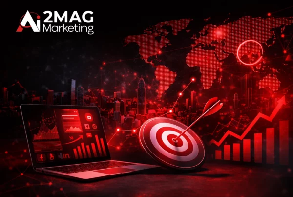 Infographie présentant une agence digital marketing à Casablanca : SEO, publicité en ligne, réseaux sociaux, branding, développement web et stratégie digitale