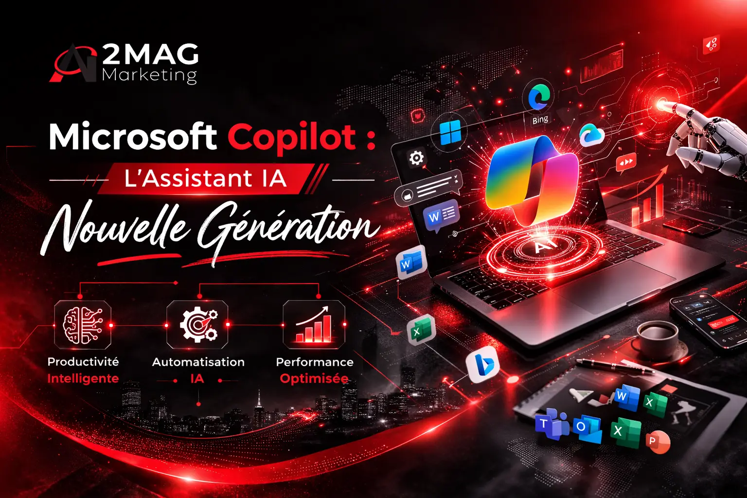 Microsoft Copilot, assistant IA intégré à Windows 11 et Microsoft 365 pour améliorer la productivité.