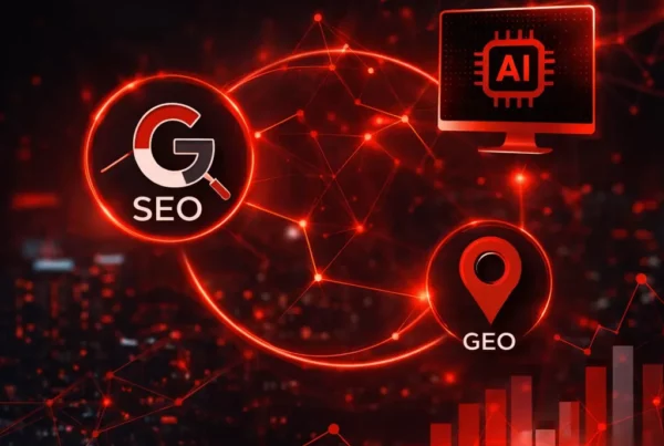 Infographie illustrant l’intégration du SEO, GEO et AIO dans une stratégie marketing : visibilité, crédibilité, automatisation et performance optimisée avec 2MAG