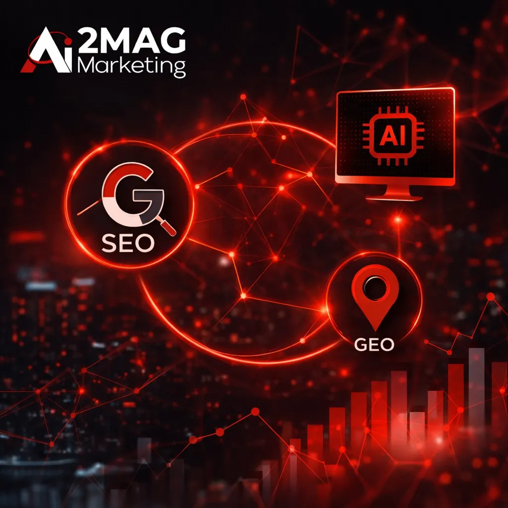 Infographie illustrant l’intégration du SEO, GEO et AIO dans une stratégie marketing : visibilité, crédibilité, automatisation et performance optimisée avec 2MAG