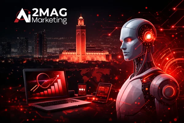 Infographie représentant une agence de communication digitale à Casablanca : stratégie digitale, réseaux sociaux, branding, contenu et publicité en ligne