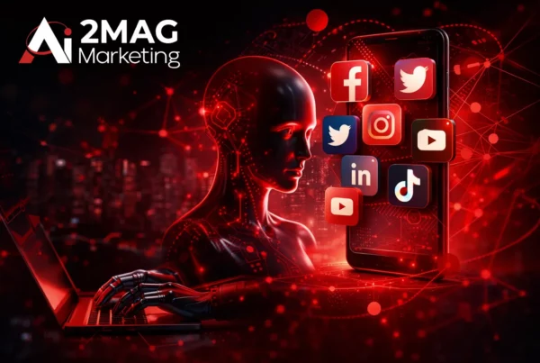 Graphique représentant l’intelligence artificielle intégrée aux réseaux sociaux, montrant l’analyse de données, la génération de contenu et l’optimisation des campagnes marketing.