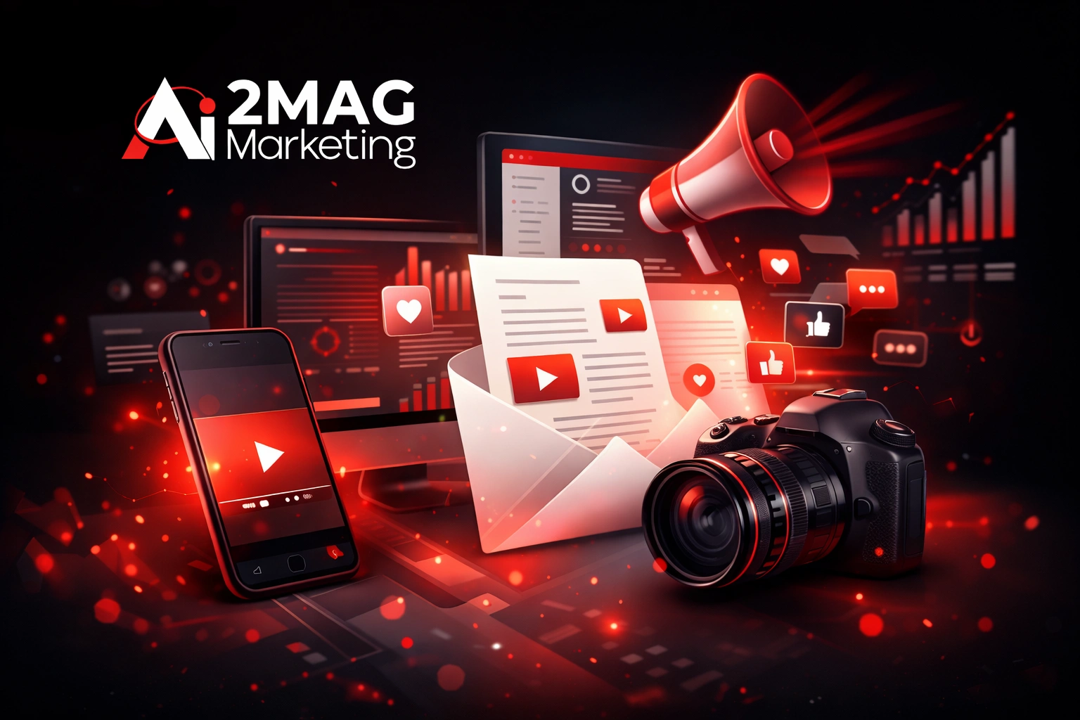 Concept marketing digital avec création de contenu, engagement audience, SEO et génération de leads sur interface moderne
