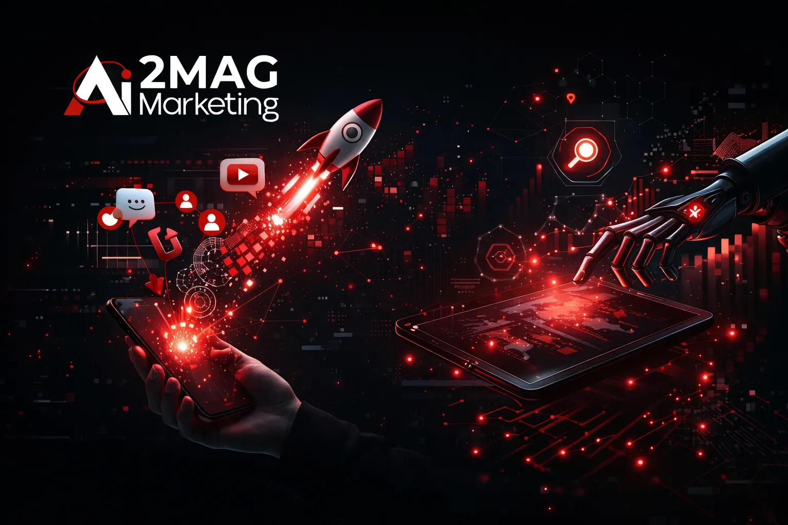 Infographie illustrant les 7 tendances du GEO et Content Marketing en 2026 : personnalisation hyperlocale, SEO local, IA prédictive, contenu immersif et marketing éthique avec 2MAG