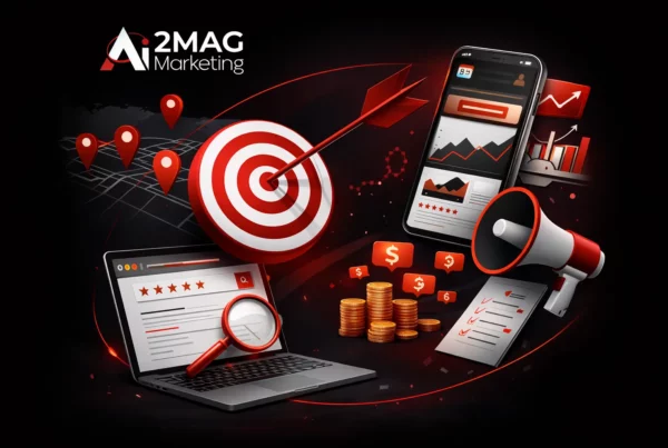 Infographie présentant une agence marketing digital à Casablanca : SEO, publicité en ligne, réseaux sociaux, contenu digital, UX et stratégie de conversion