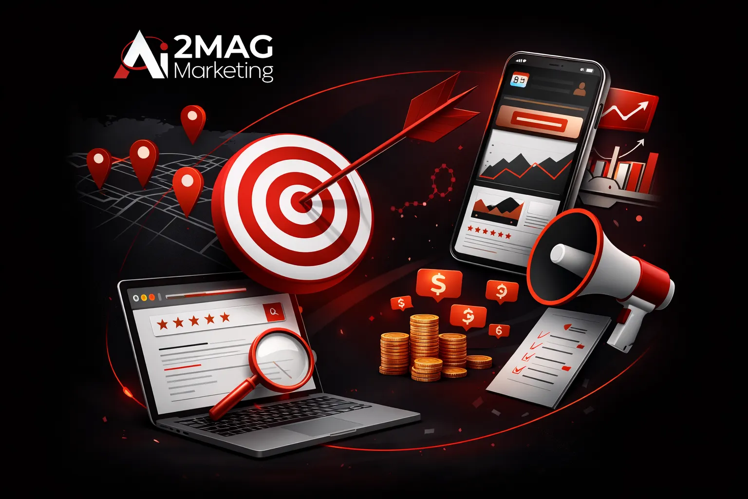 Infographie présentant une agence marketing digital à Casablanca : SEO, publicité en ligne, réseaux sociaux, contenu digital, UX et stratégie de conversion