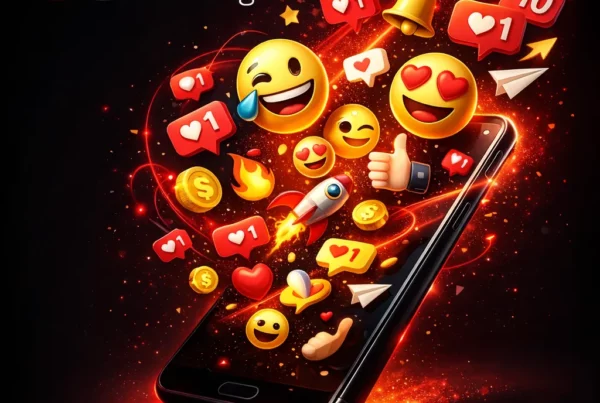 Illustration du marketing avec emojis montrant engagement sur réseaux sociaux, email marketing et communication digitale humanisée grâce aux émoticônes