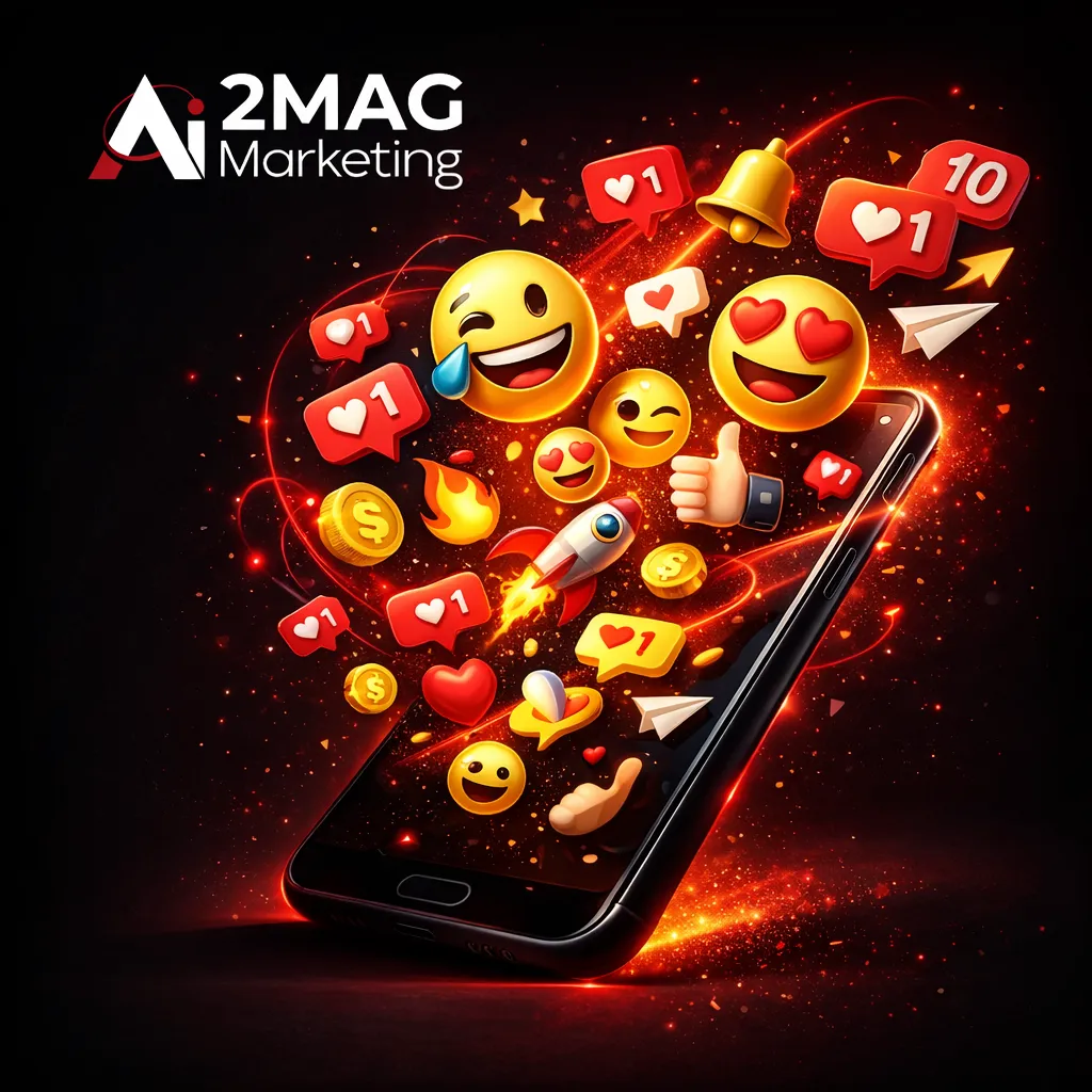 Illustration du marketing avec emojis montrant engagement sur réseaux sociaux, email marketing et communication digitale humanisée grâce aux émoticônes