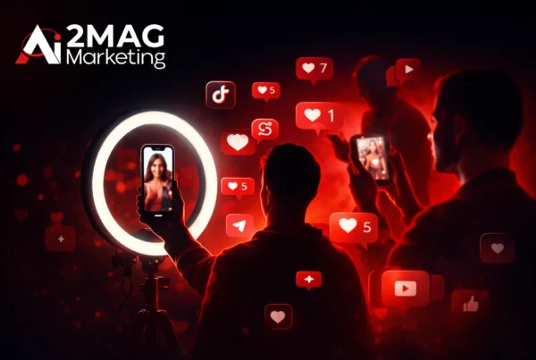 Influenceur créant du contenu sur smartphone avec logos réseaux sociaux et communauté engagée, représentant le marketing d’influence digital.