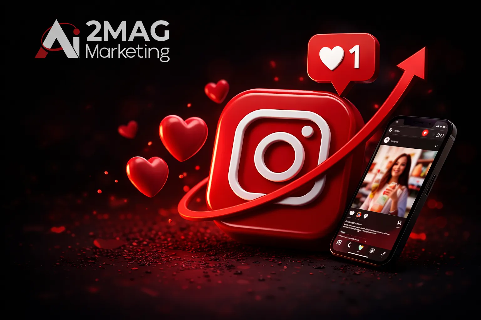 Smartphone affichant Instagram avec likes, commentaires, graphiques de croissance et éléments de stratégie social media.