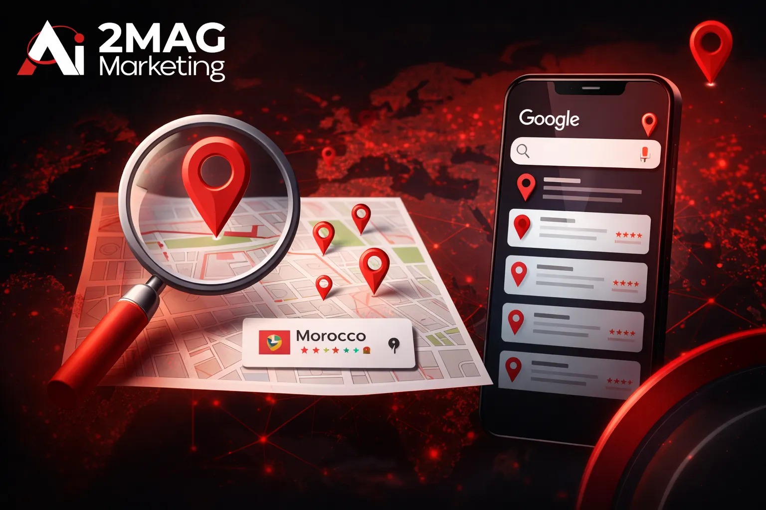Infographie illustrant le référencement local Google Business Profile : fiche entreprise, avis clients, Google Maps, SEO local et recherche géolocalisée