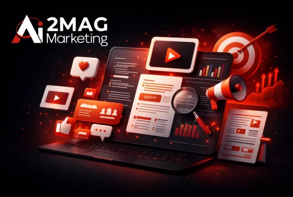 Création de contenu digital avec ordinateur, vidéo, réseaux sociaux et éléments SEO illustrant une stratégie de contenu marketing.