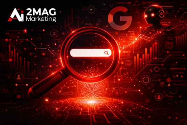 Stratégie SEO futuriste avec intelligence artificielle, analyse de données et recherche vocale pour optimiser la visibilité sur Google.