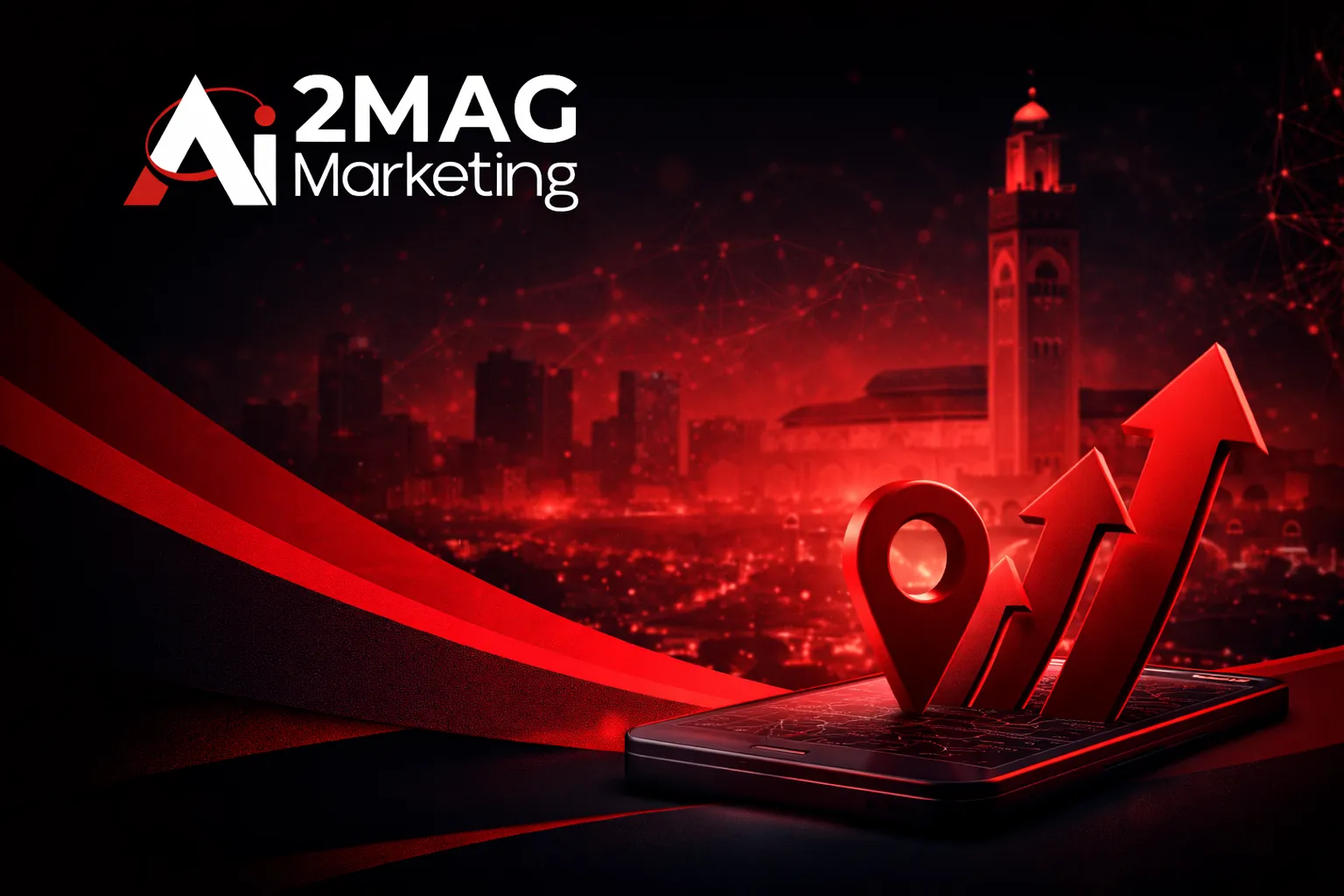 Infographie présentant une agence de communication digitale à Casablanca : branding, identité visuelle, création de contenu, réseaux sociaux, design graphique et storytelling