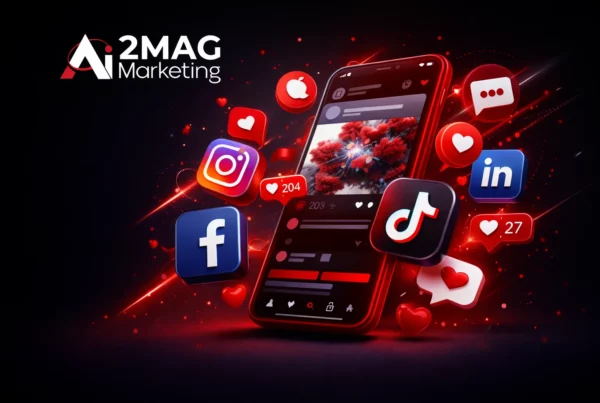 Stratégie de médias sociaux avec smartphone affichant Facebook, Instagram, LinkedIn et TikTok, symbolisant la communication digitale et l’engagement en ligne.